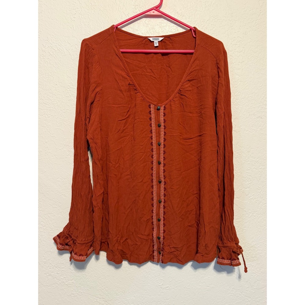 Sonoma Goods For Life Rust Orange Embroidered Button V-Neck Blouse XL